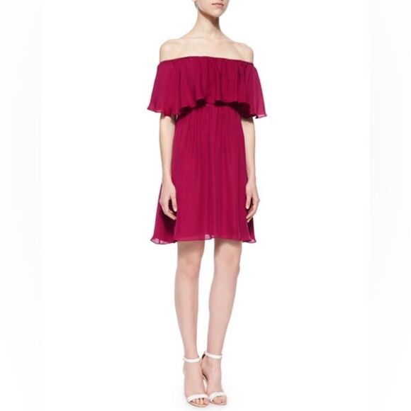 Alice & Olivia Dora Off-the-Shoulder Ruffle-Top Dress, Cranberry, Size 4 - Picture 1 of 9
